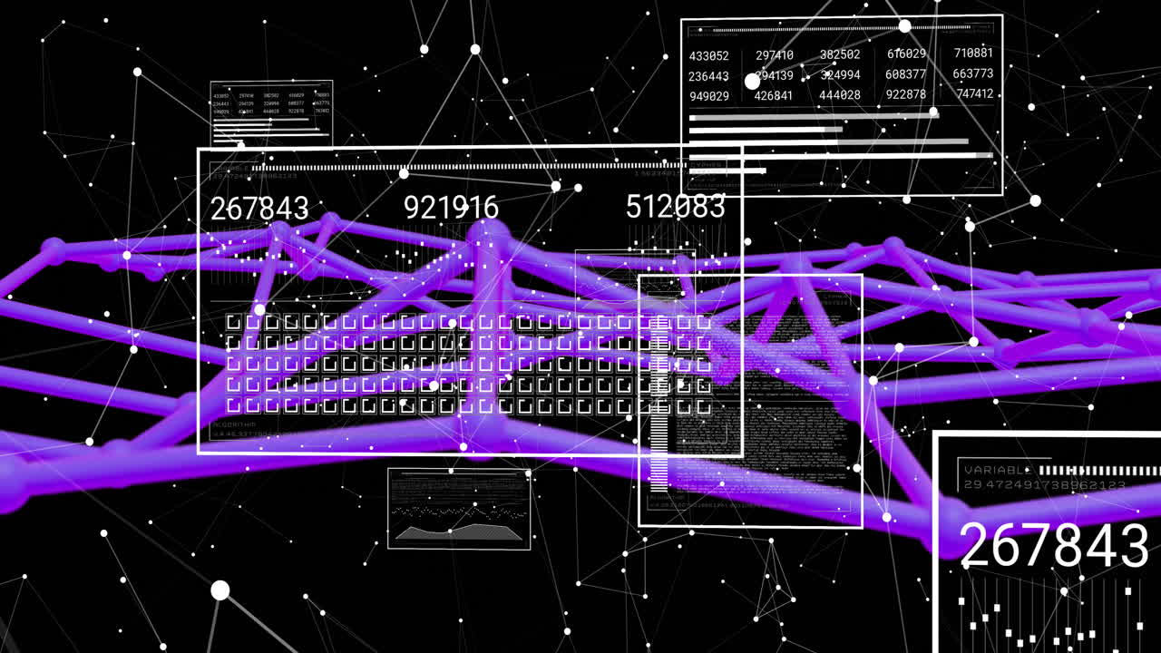 Animation of digital data processing and connections over dark background