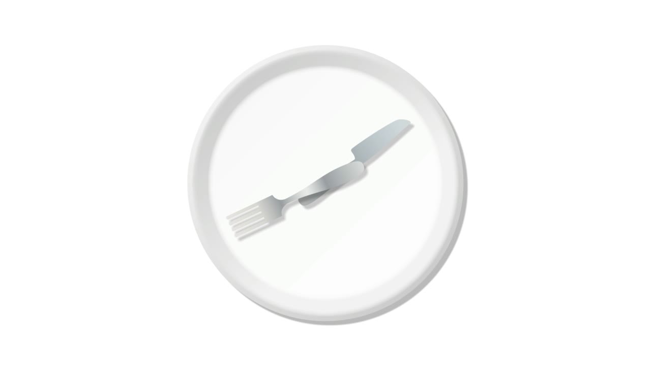 Time to eat. A plate with a clock. White plate with knife and fork as a watch hand.  Loopable graphic element