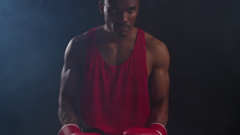 a boxer stands in a boxing ring, ready to fight. he is wearing red boxing gloves and a red tank top. he is looking determined and focused.