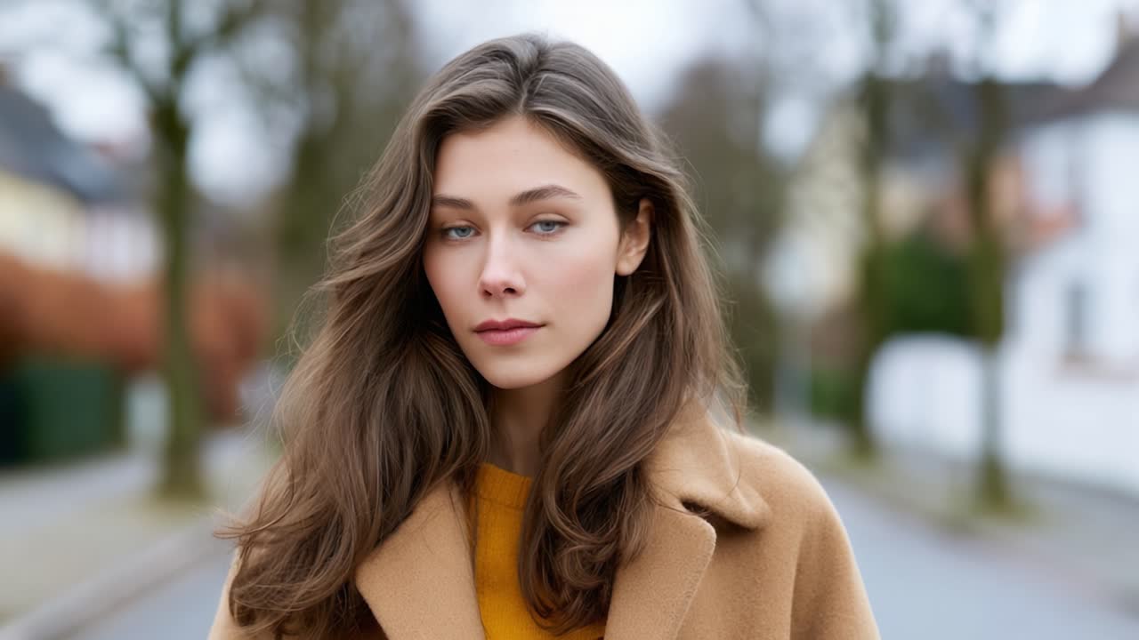 Un momento di riflessione: Catturare la bellezza e l'espressione serena di una giovane donna in un cappotto accogliente durante una tranquilla passeggiata su una strada pacifica.