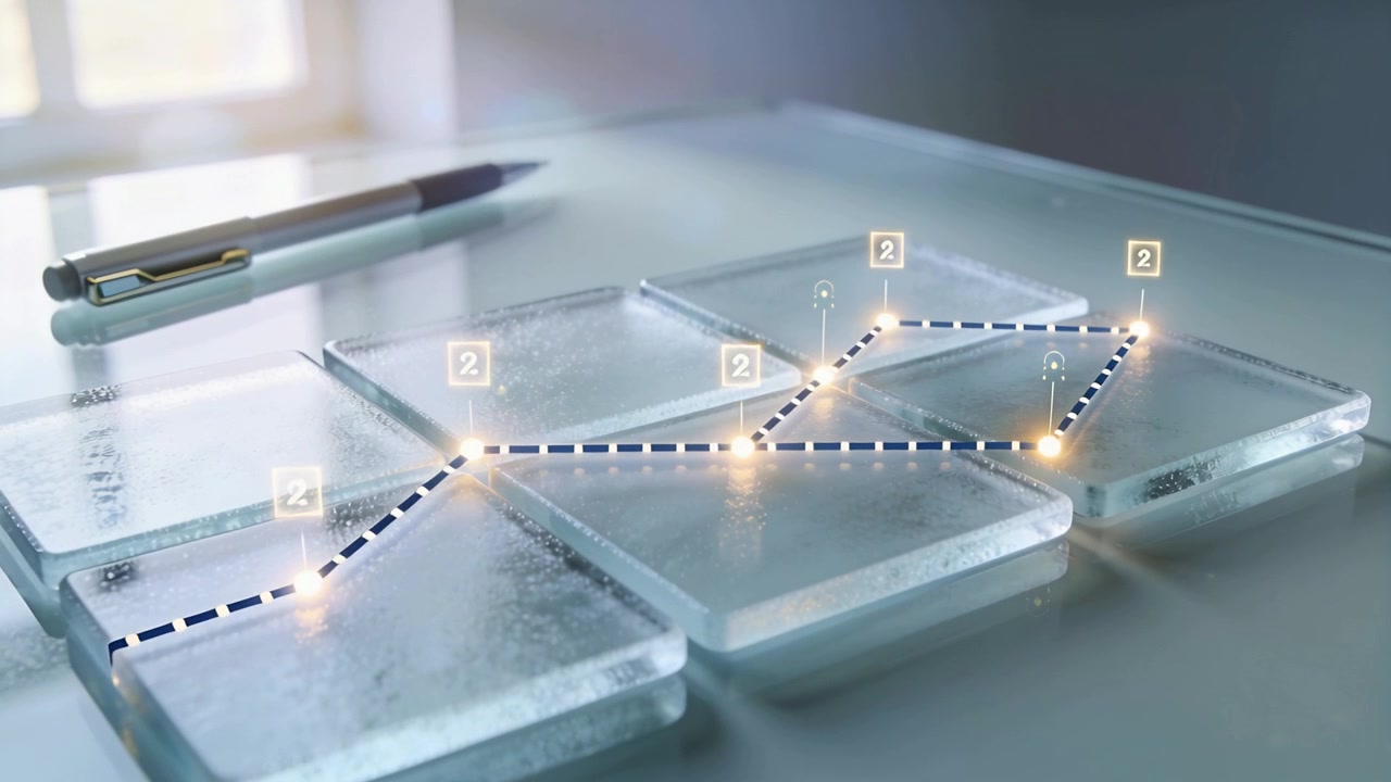 Starting glowing node, six frosted tiles forming dashed path across desk near pen, showing 2 badges