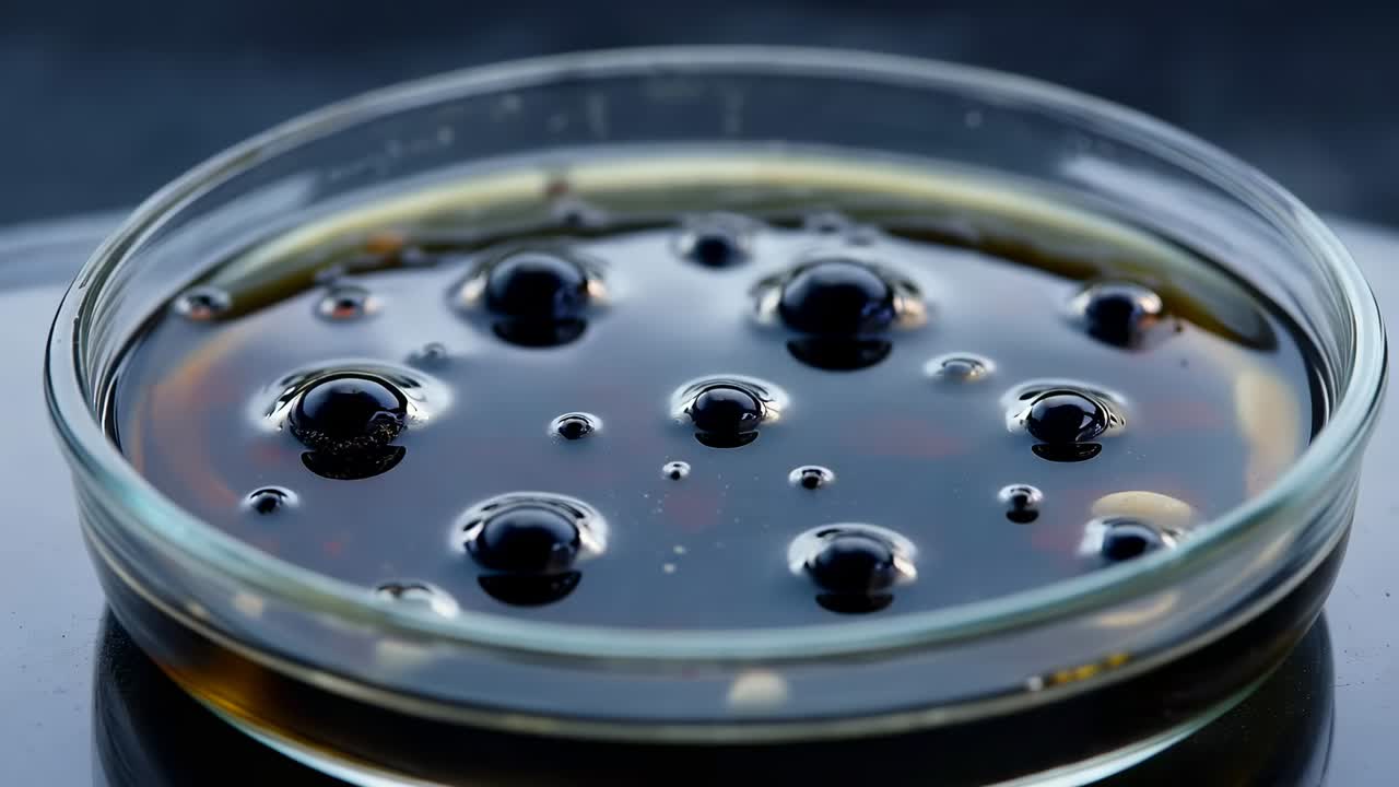 Kropla uderza w ciemny syrop w przezroczystym naczyniu na ciemnym stole, tworząc fontannę, beżowe drobinki, refleksy
