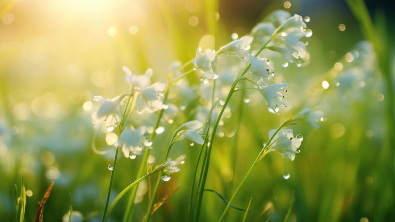 White Wildflowers With Morning Dew Drops in Golden Sunlight