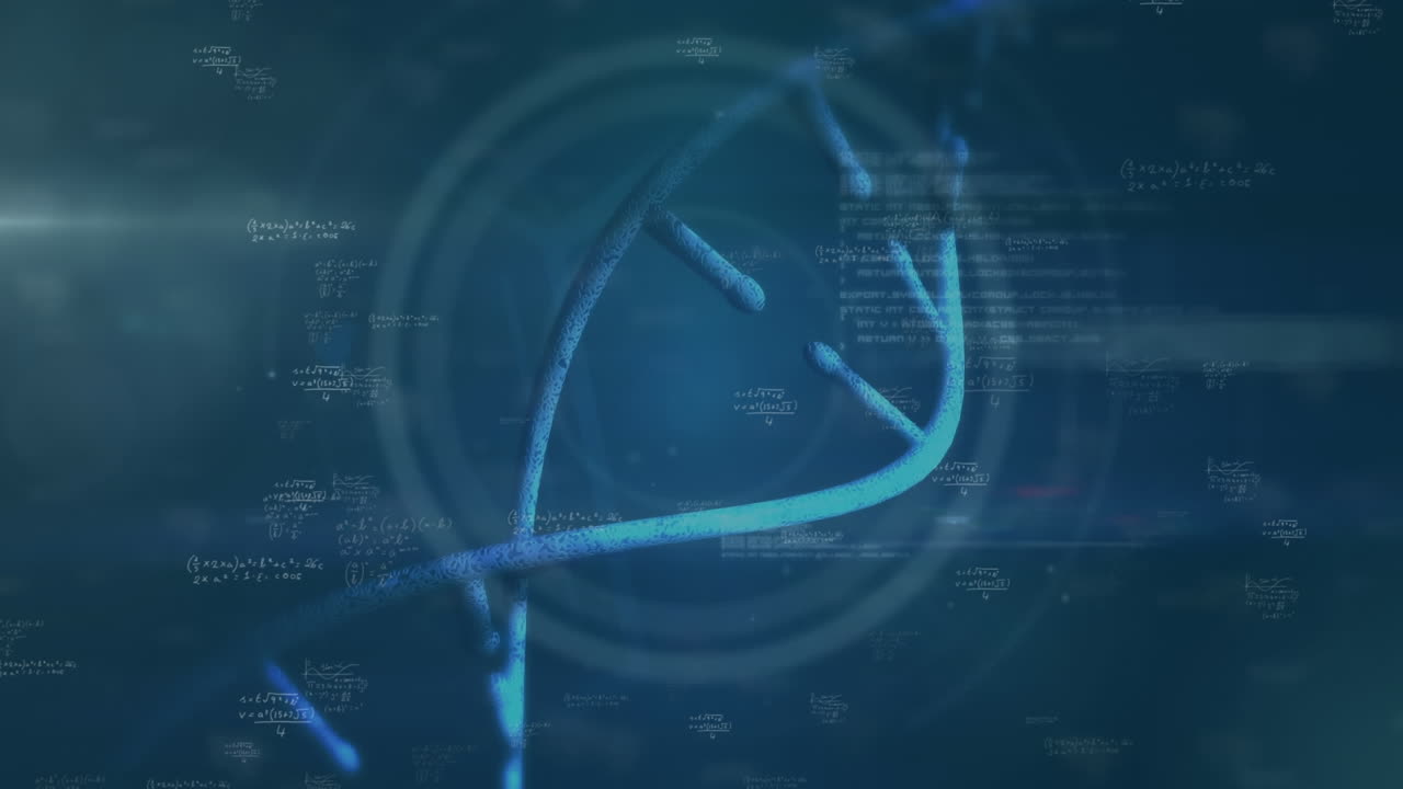 animación de texto de evidencia y hélice de adn moviéndose sobre ecuaciones matemáticas