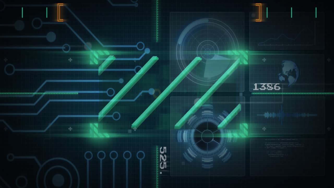 Animation of lines over circuit board pattern, sonar, radar and globe against abstract background