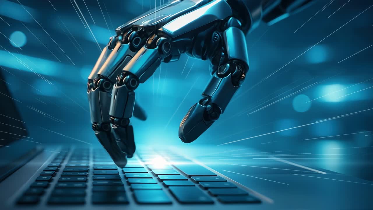Futuristic robotic hand typing on a keyboard, captured from a side ...