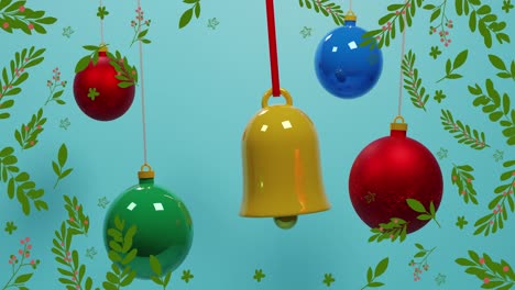 animation of green branches over christmas decorations on blue background