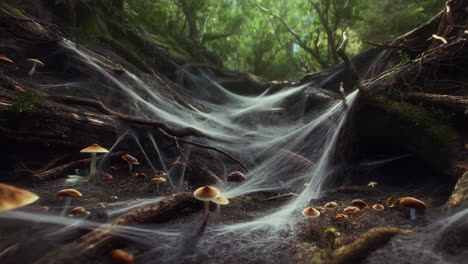 mysterious forest floor covered in spiderwebs and mushrooms