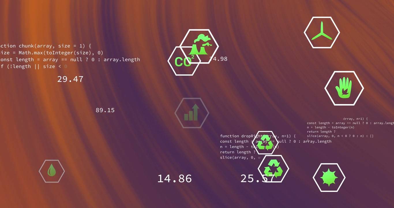 Animation af øko-energiikoner og tal over et orange mønster.