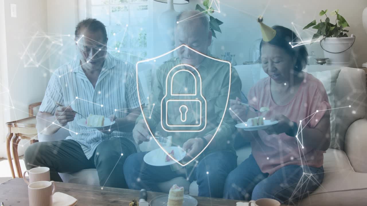 Center man reaching, serving cake for party, group sharing, shield-lock overlay signaling security