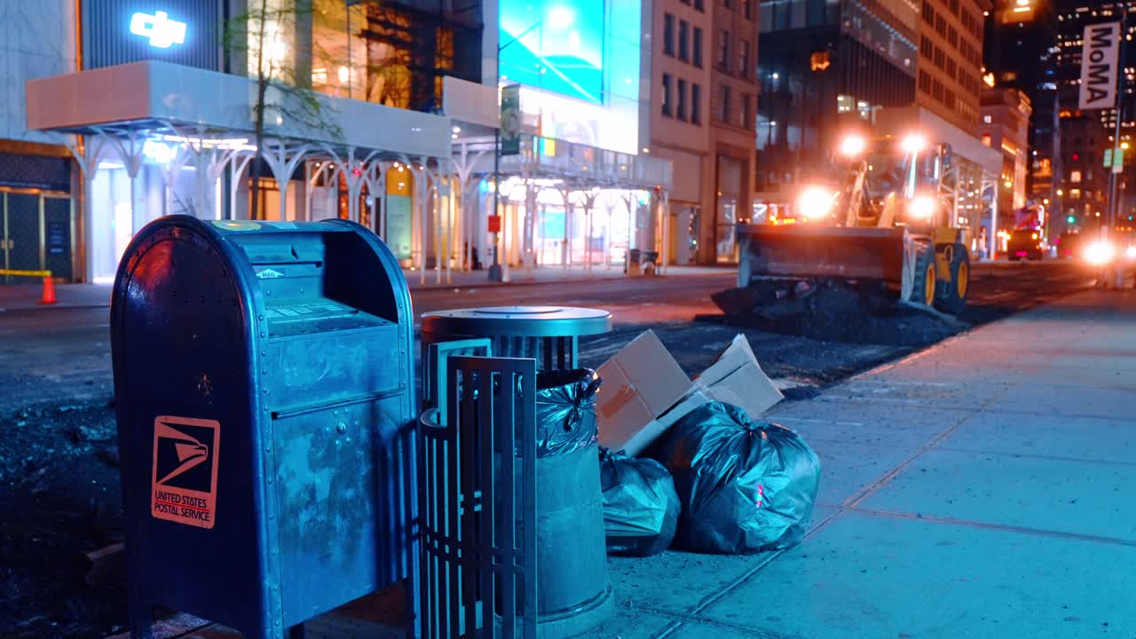 New York, USA, 15 aprile 2026: Cassetta postale USPS accanto a un cantiere stradale notturno a Manhattan. Una cassetta postale blu USPS accanto a sacchi della spazzatura e lavori stradali con le luci di un caricatore accese su una strada di New York di notte.