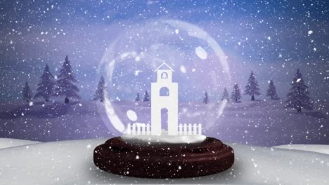 animation of snow globe with church tower and winter scenery with snow falling in the background