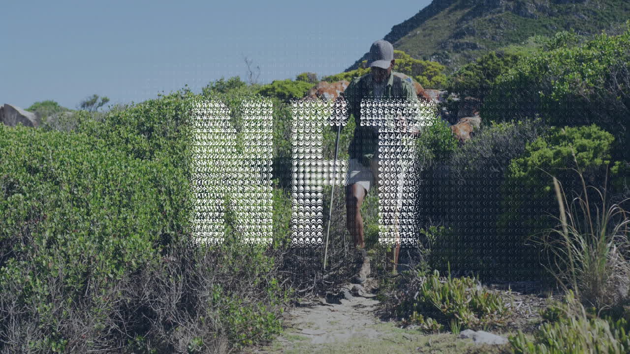 man using poles hiking coastal trail, with animated tech data chart glitch overlay