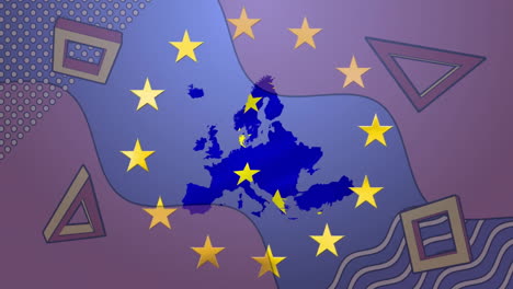 animation of europe map with yellow stars on abstract purple background