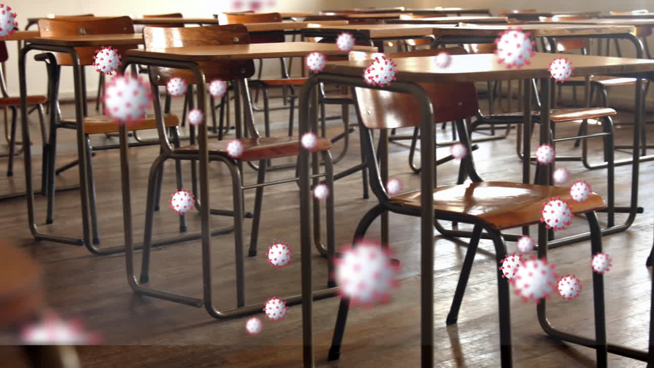 빈 교실 위의 매크로 코로나 19 세포의 애니메이션