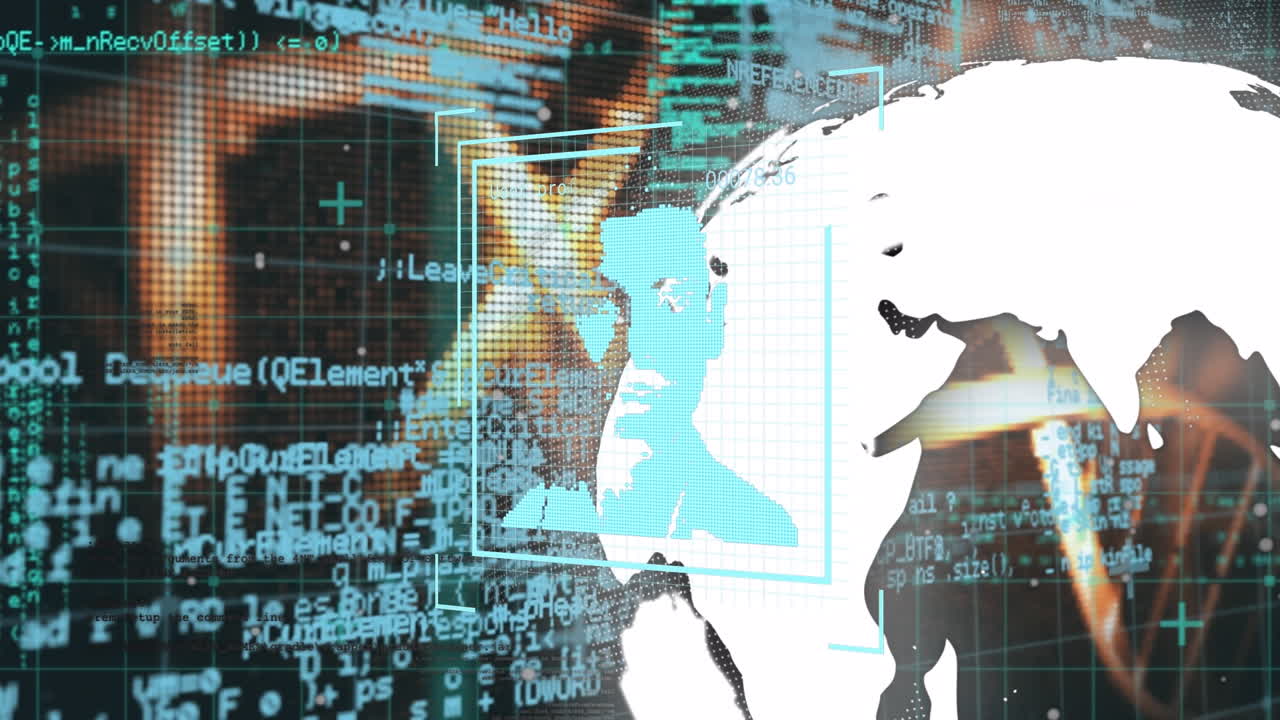 dna 가닥의 애니메이션, 지구상의 데이터 처리 및 어두운 배경의 생체 인식 얼굴 id