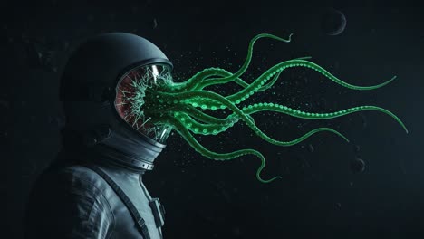 a surreal exploration of the cosmos where an astronaut is vividly depicted with a surreal tentacled creature emerging from their helmet, creating an unsettling yet captivating visual narrative