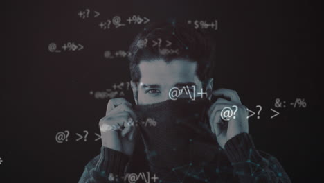 símbolos matemáticos contra el hombre cubriendo su rostro