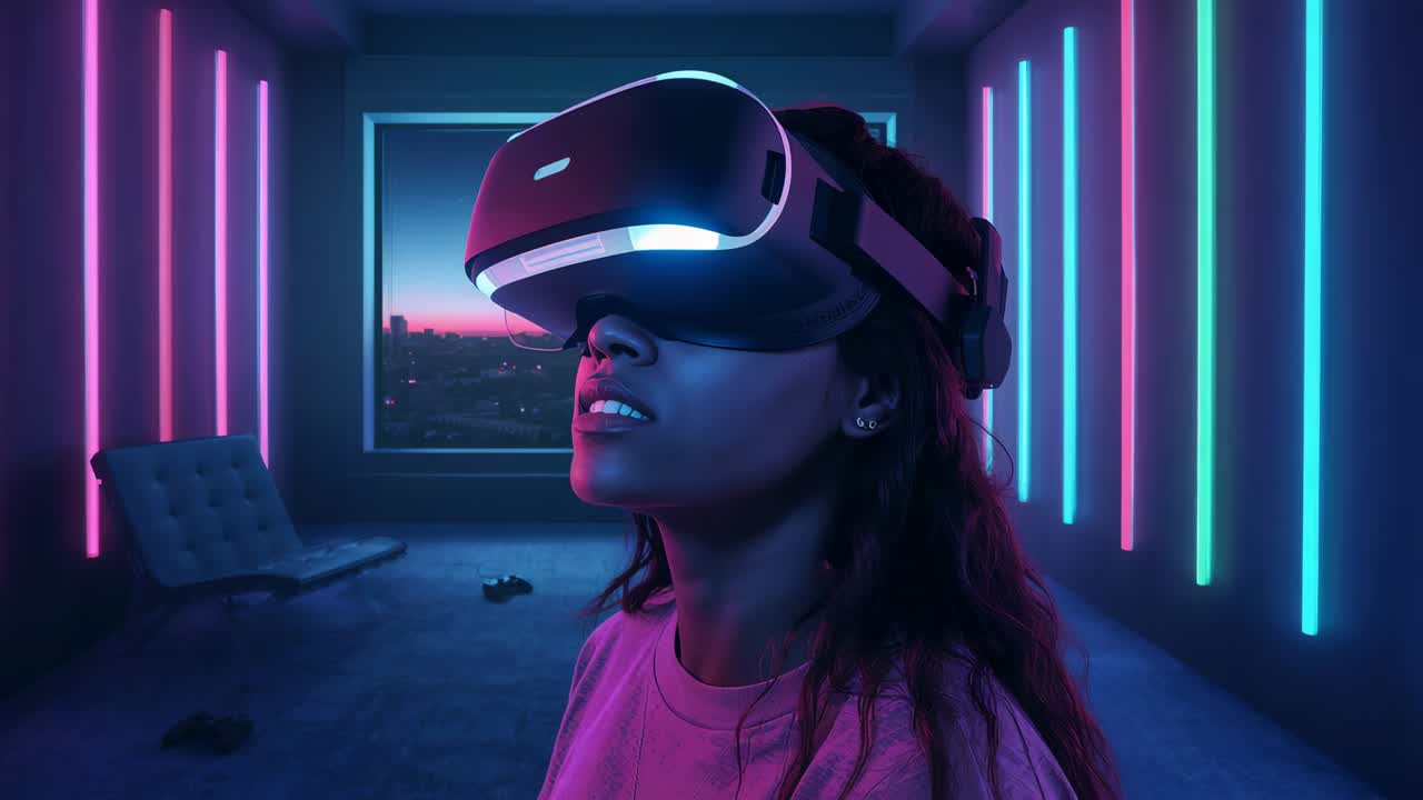 Donna che si sporge con maglietta e visore VR a LED, che esplora la città in una stanza illuminata al neon, controller, spazio per il testo
