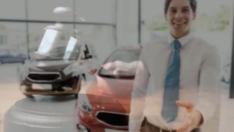 digital animation of sales executive gesturing in car showroom 4k