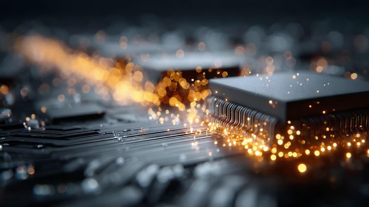 A captivating close-up view of advanced microchips on a circuit board, illuminated by vibrant sparks of light that highlight the intricate pathways of technology