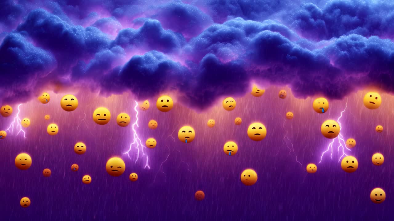 A Dramatic Storm of Emotions: Golden Emojis Showering Down Amidst Dark Clouds and Flashing Lightning, Expressing a Mix of Feelings and Impressions in a Colorful Skyscape