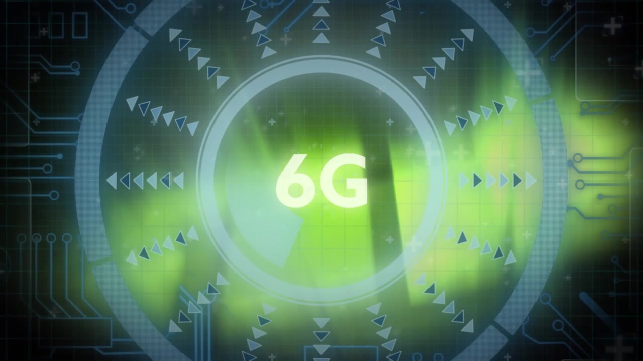 Animación de texto 6G con un escáner de alcance sobre estelas de luz en un fondo negro.