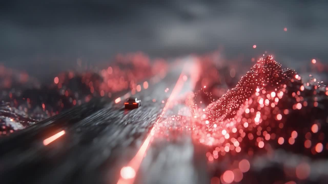 A Digital Journey Through a Futuristic Landscape: Exploring the Bright Pathway Amidst Fiery Hills and Glimmering Particles in an Imaginative World