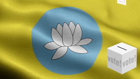 ballots fly to box for kalmykia selection - ballot box in front of flag - election - vote - flag of kalmykia - kalmykia flag high detail - national flag kalmykia wave pattern loopable elemen - fabric texture and endless loop