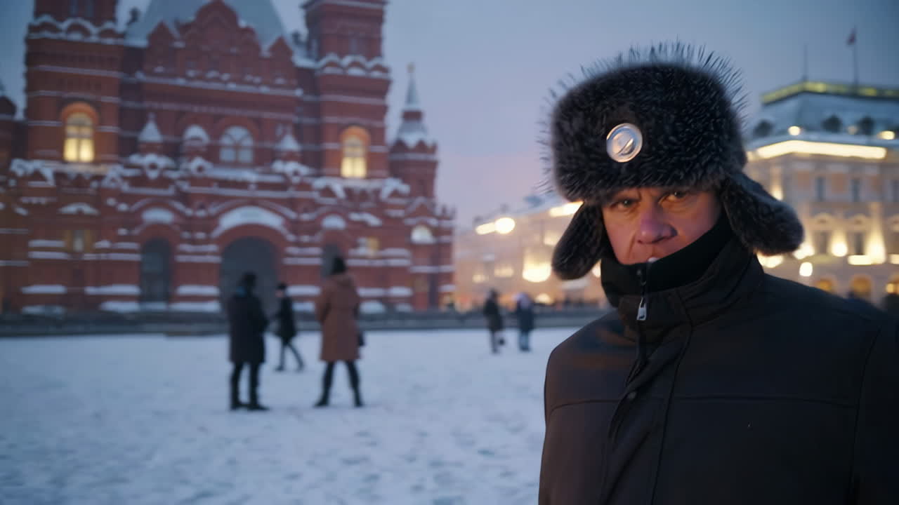Man in Ushanka hat in front of the Red Square in Moscow, Russia
