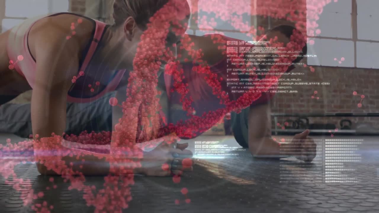 체육관에서 플랜크 운동을 하는 혼합 인종 피트 커플에 대한 의료 데이터 처리