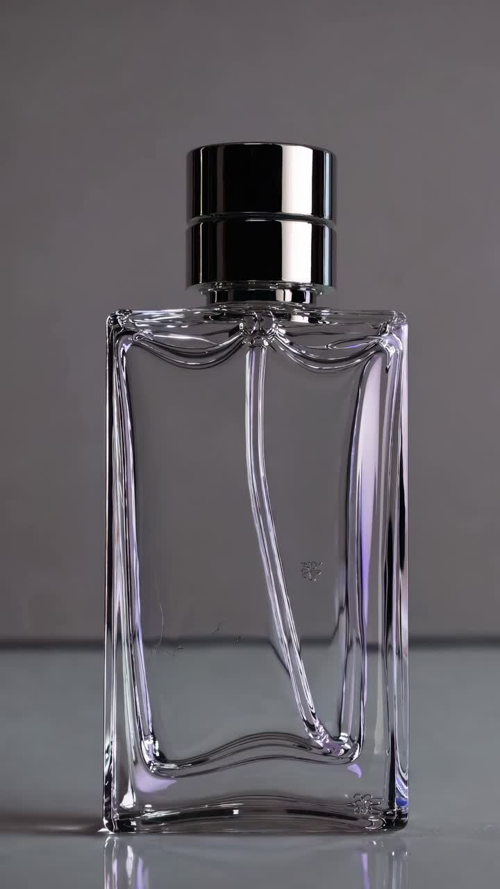 Close-up video of a sleek, transparent perfume bottle on a reflective surface, shot from a low angle