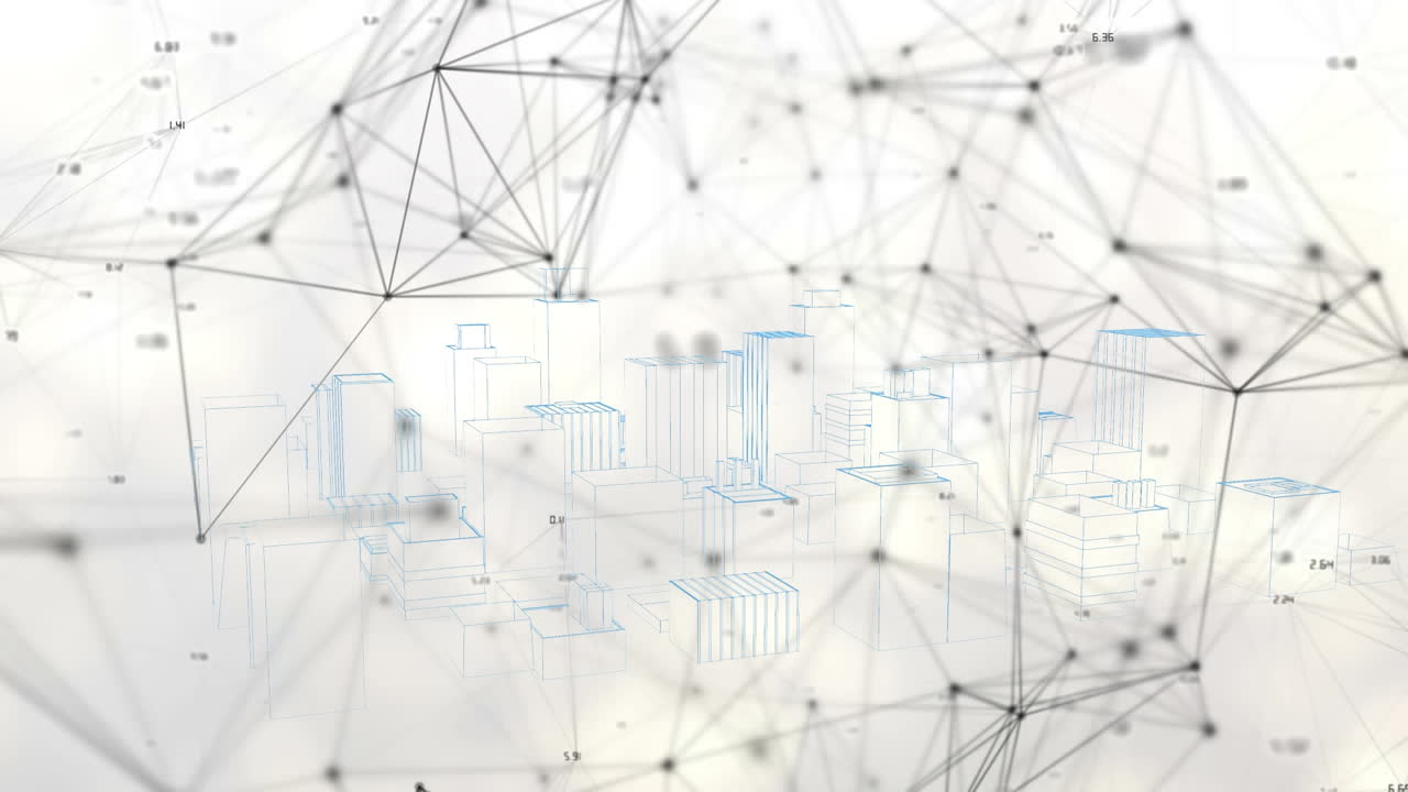 Animation of network of connections over 3d cityscape drawing