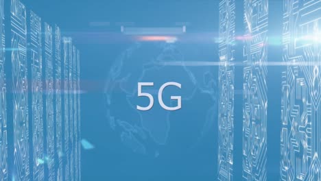 Animation-Eines-Globus-Mit-5g-Text-über-Computerplatine-Auf-Blauem-Hintergrund