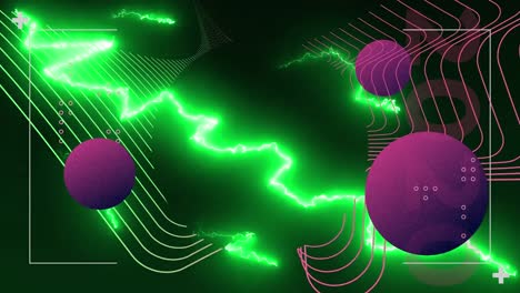 animación de los datos de procesamiento de interfaz, con corrientes eléctricas verdes, curvas paralelas y esferas