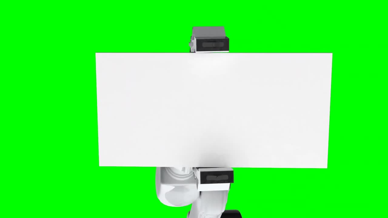 video generado digitalmente de un brazo robótico rojo sosteniendo una tarjeta en blanco
