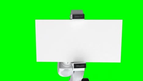 digitally generated video of red robotic arm holding blank card