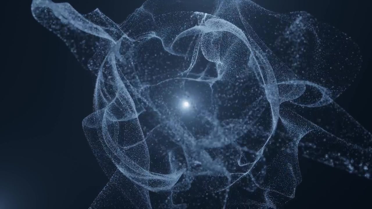Flusso astratto di particelle blu con un nucleo energetico centrale luminoso.