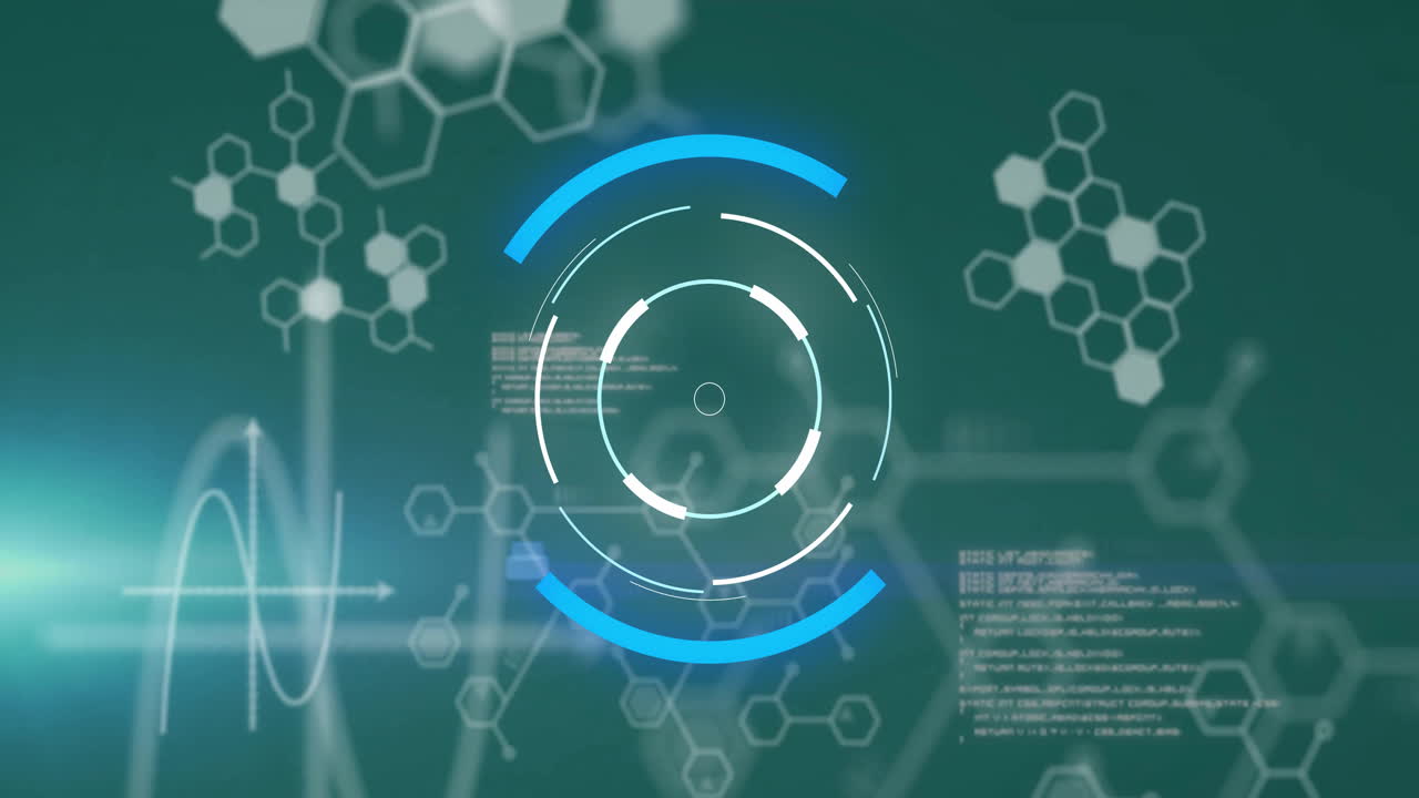 Animation of data processing and chemical formula on black background