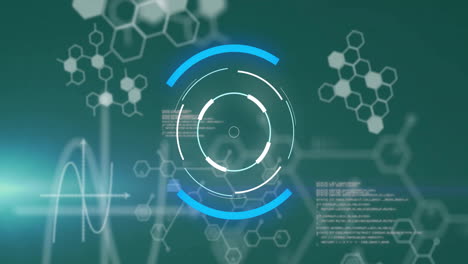 animation of data processing and chemical formula on black background