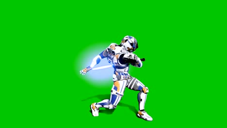 astronauta-soldado del futuro luchando con un sable de luz frente a una pantalla verde. animación realista.