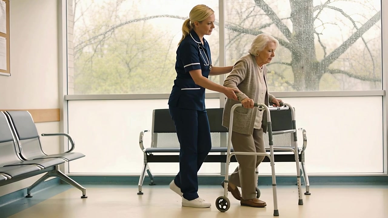 Gående eldre pasient begynner å gå over klinikkens lobby, sykepleier i marineblå uniform stabiliserer rullator.