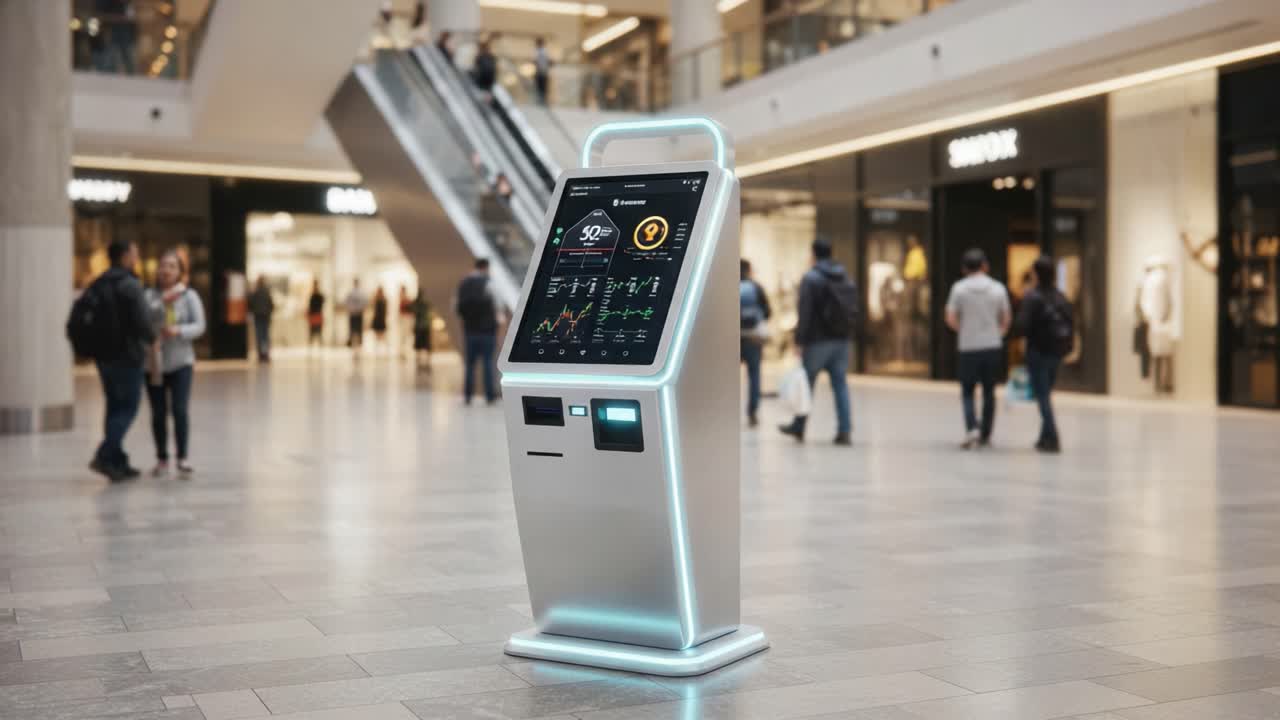 A Modern Interactive Kiosk in a Shopping Mall: Showcasing Real-Time Data and User-Friendly Interface for Enhanced Customer Experience