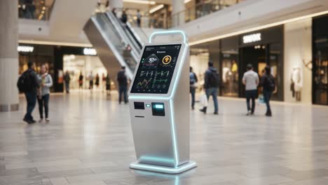 a modern interactive kiosk in a shopping mall: showcasing real-time data and user-friendly interface for enhanced customer experience