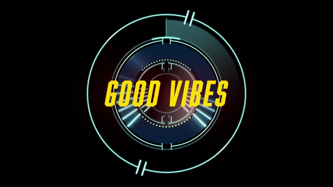 Animazione del testo "Good Vibes" su scansione del mirino su sfondo nero
