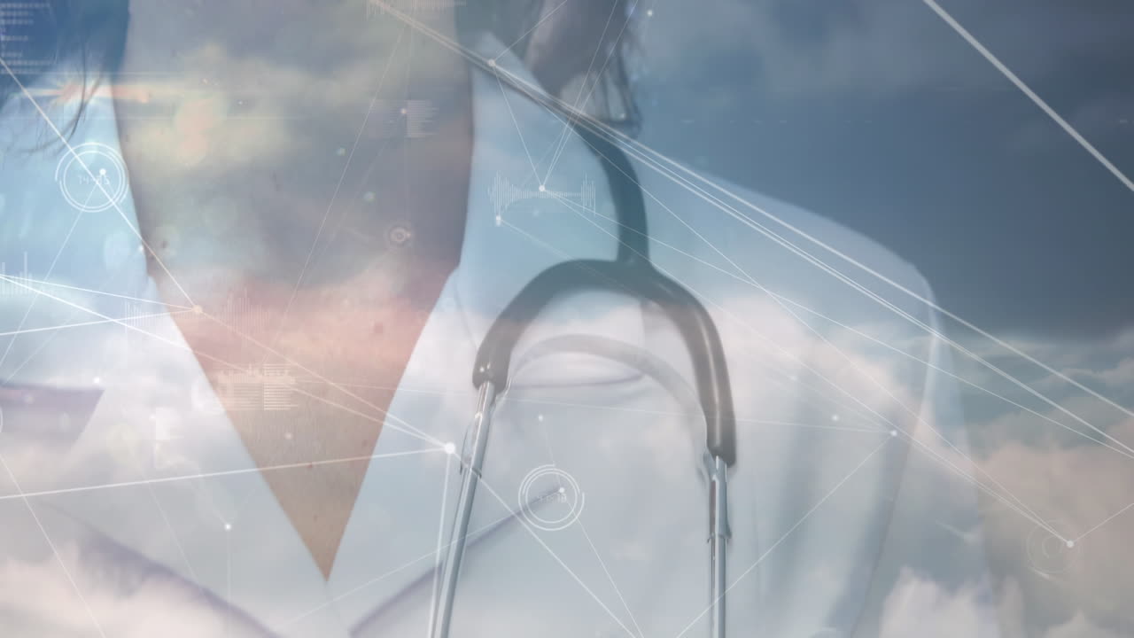 animation eines netzwerks von verbindungen über eine kaukasische arztin, die im krankenhaus gegen wolken lächelt