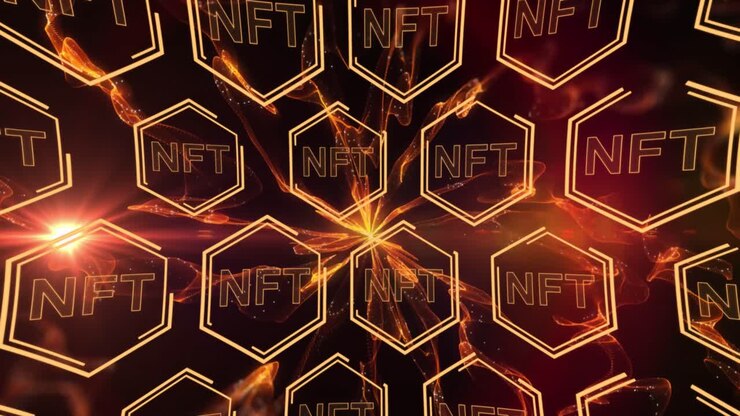 Animation of nft in hexagons over black background with yellow lights