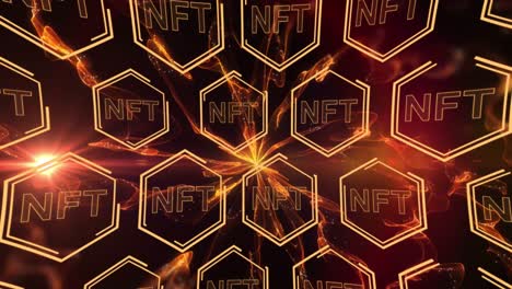 animation of nft in hexagons over black background with yellow lights