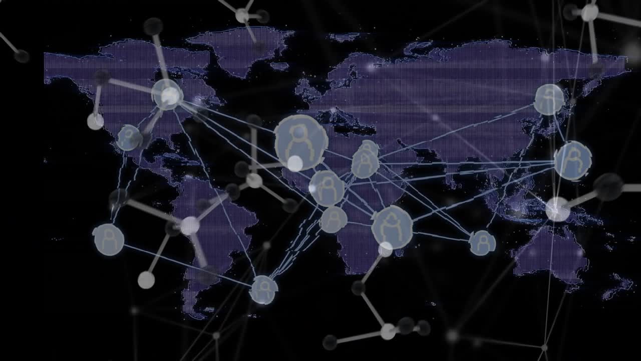 Dark screen showing purple map nodes glowing and linking continents with pulsing lines showing flow