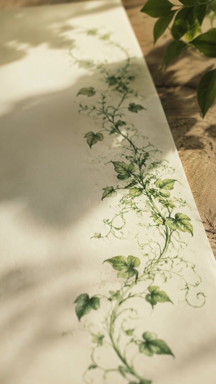 Botanické umělecké dílo na světlém papíře zůstává zaostřené, zatímco jemný pohyb odhaluje zelené listy a kroutící se stonky, s teplým osvětlením, mělkou perspektivou a přirozenou texturou v celé kompozici.